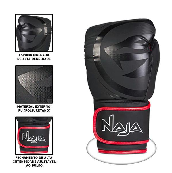 Kit Luva De Boxe E Muay Thai Naja Black Line + Bandagem + Protetor Bucal + Bolsa Bag Imagem de Kit Luva De Boxe E Muay Thai Naja Black Line + Bandagem + Protetor Bucal + Bolsa Bag