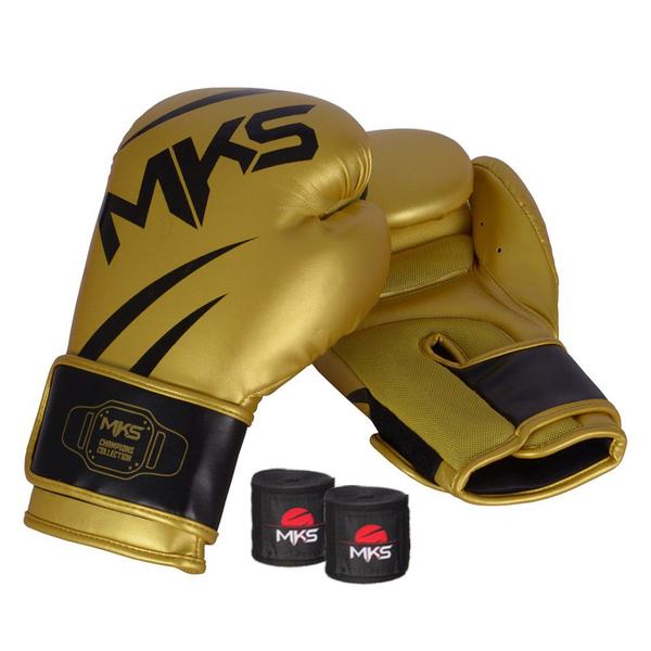 Imagem de Kit Luva de Boxe MKS Champions V3 Dourado/Preto + Bandagem Preta 2,55m