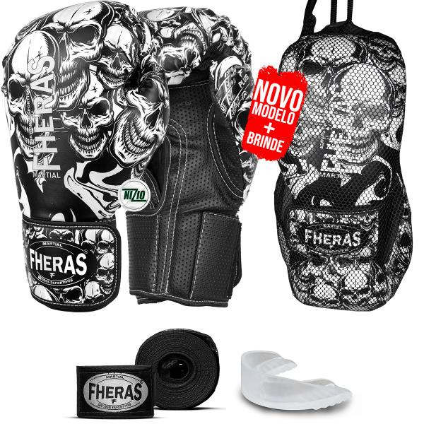 Imagem de Kit Luva De Boxe Muay Thai Desenho De Caveira Bandagem Bucal