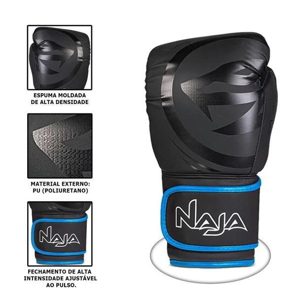 Imagem de Kit Luva de Boxe Muay Thai - Naja Preto/Azul + Bandagem + Bucal + Bolsa