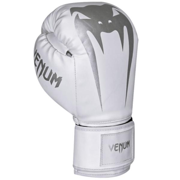 Imagem de Kit luva de boxe muay thai venum giant full logo pro white silver + bandagem 4m + protetor bucal