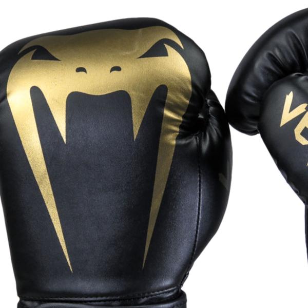 Imagem de Kit luva de boxe venum giant full logo pro black gold profissional + bandagem 4m + protetor bucal