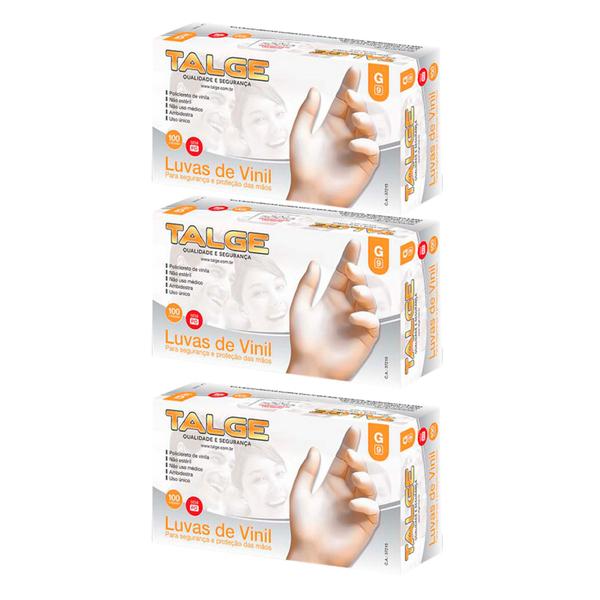 Kit Luva De Vinil Talge Tam. G Sem Pó - 3 Caixas Com 100 Unidades Cada Imagem de Kit Luva De Vinil Talge Tam. G Sem Pó - 3 Caixas Com 100 Unidades Cada