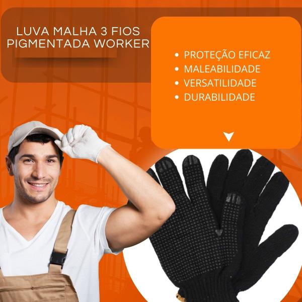 Imagem de Kit Luva Malha 3 Fios Pigmentada Branca Worker 10 Unidades