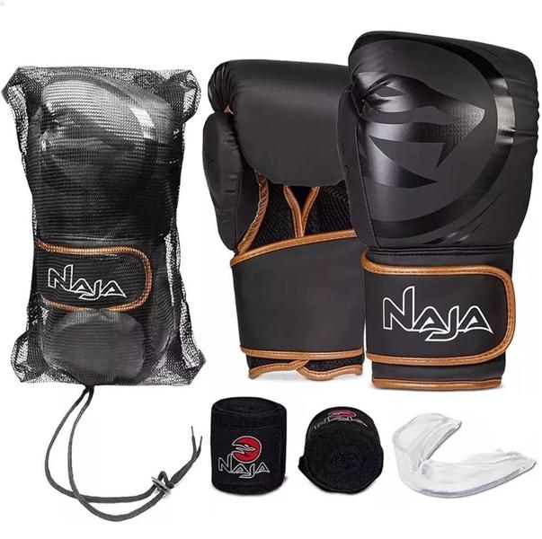 Imagem de Kit Luvas De Boxe E Muay Thai Naja Black Line + Bandagem + Protetor Bucal + Bolsa Bag