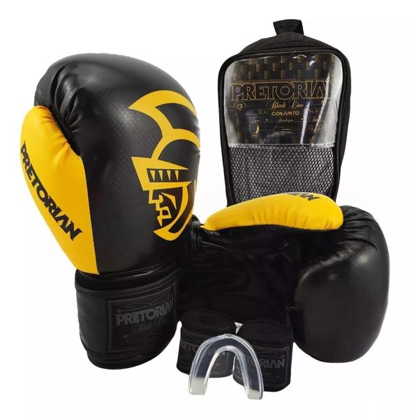 Imagem de Kit Luvas De Boxe Muay Thai Black Line Amarelo, Band e Bucal Pretorian