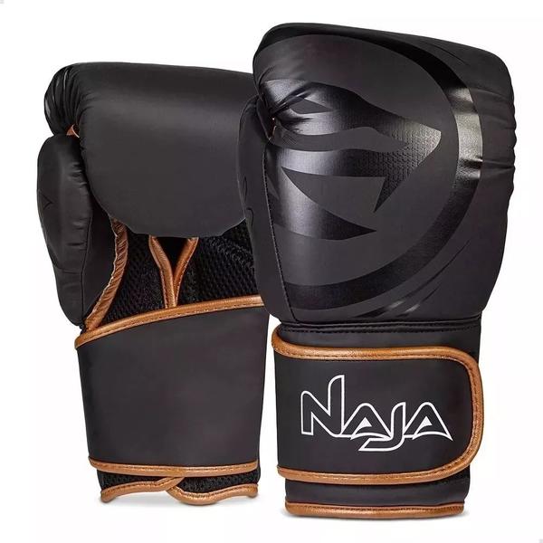 Imagem de Kit Luvas De Boxe Muay Thai Black Line Dourado + Band + Bucal Naja