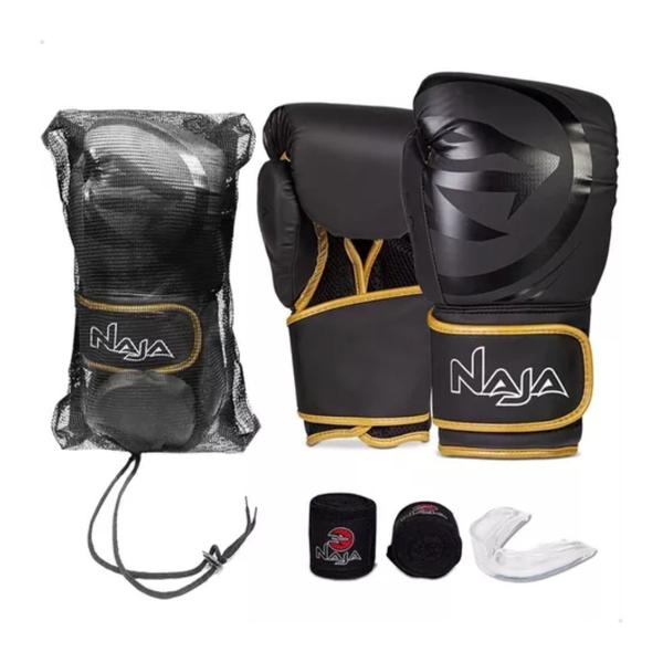 Imagem de Kit luvas de Boxe Muay Thai Naja Black + Bandagem + Protetor Bucal