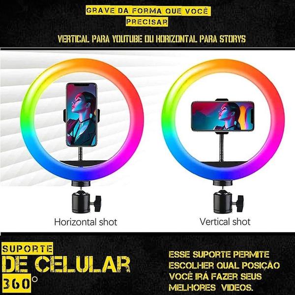 Kit Luz Led Ring Light Rgb Tripé 2m + Microfone Profissional Acessórios Filmagem no Celular - CJR Imagem de Kit Luz Led Ring Light Rgb Tripé 2m + Microfone Profissional Acessórios Filmagem no Celular