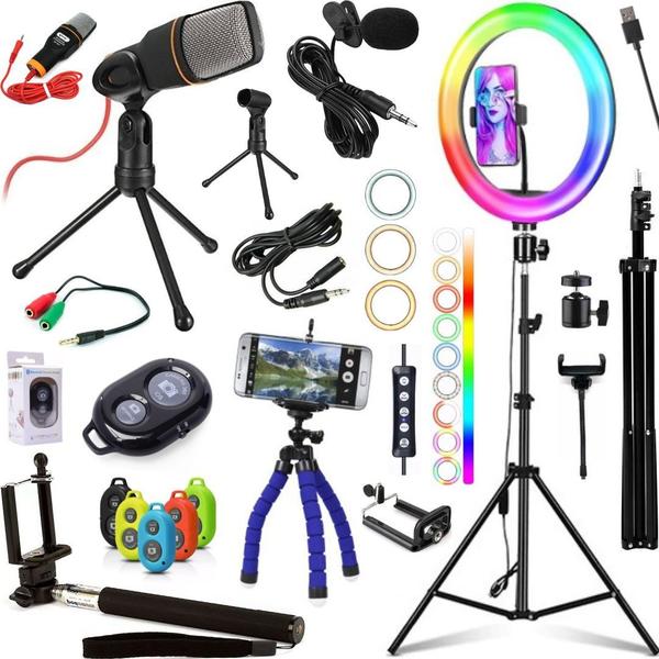 Kit Luz Led Ring Light Rgb Tripé 2m + Microfone Profissional Acessórios Filmagem no Celular - CJR Imagem de Kit Luz Led Ring Light Rgb Tripé 2m + Microfone Profissional Acessórios Filmagem no Celular