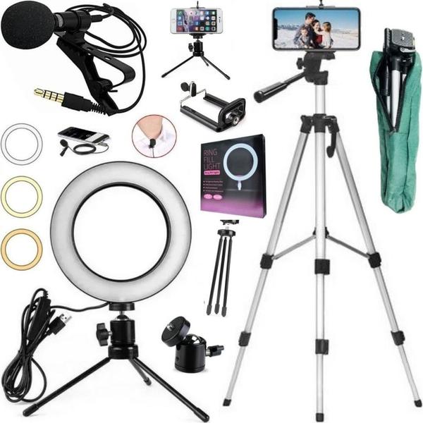 Kit Luz Ring Light Tripé Microfone Lapela Suporte para Celular Gravação Vídeo Aulas Home Office - CJJM Imagem de Kit Luz Ring Light Tripé Microfone Lapela Suporte para Celular Gravação Vídeo Aulas Home Office