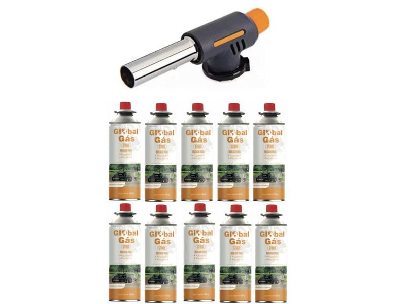 Kit maçarico culinário automatico controle da chama artesanato solda + 10 refil gás globalmix 227g Imagem de Kit maçarico culinário automatico controle da chama artesanato solda + 10 refil gás globalmix 227g