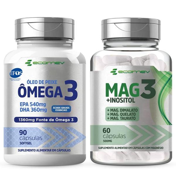 Imagem de Kit Mag3 Dimalato Quelato Taurato Inositol + Omega 3 Ultra 1360Mg Selo Pureza Ifos