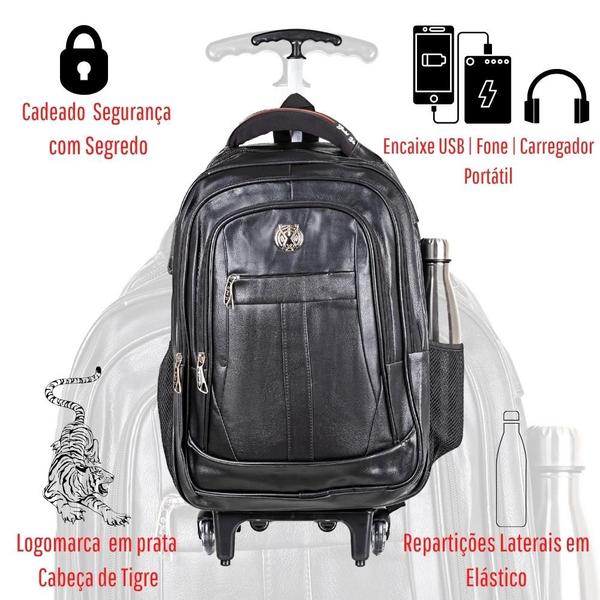 Imagem de Kit Mala Tigre Rodinha Carrinho Executiva Couro Notebook USB + Mala Transversal Bolsa de Mão Grande Bege 