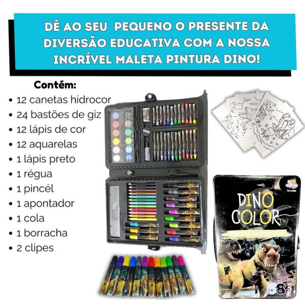 Imagem de Kit Maleta de Pintura Estojo Dinossauro Jurassic Park Desenhar Pintar - Completo 68 Peças Escolar