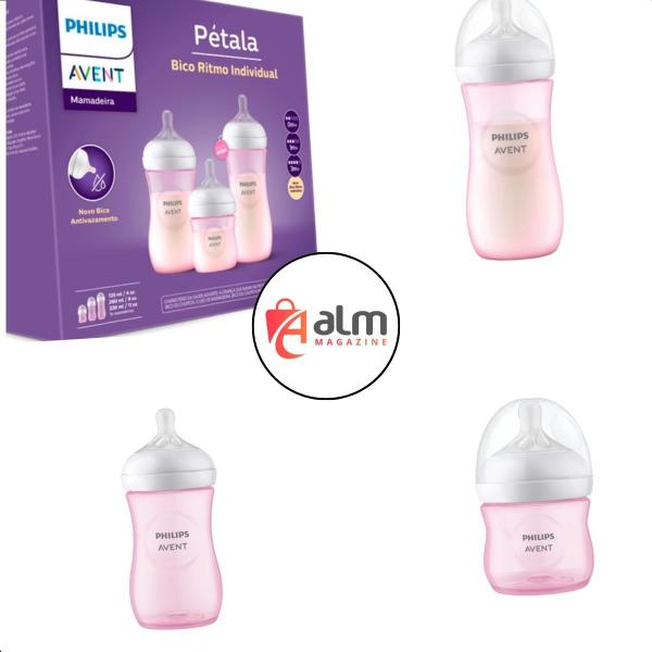 Imagem de Kit Mamadeira Bebê Avent Pétala  125,260 e 330ml Rosa Lisa Menina Recem Nascido