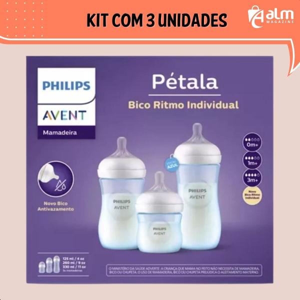 Imagem de Kit Mamadeira Bebê Avent Pétala  Menino 125,260 e 330ml Azul Lisa Recem Nascido