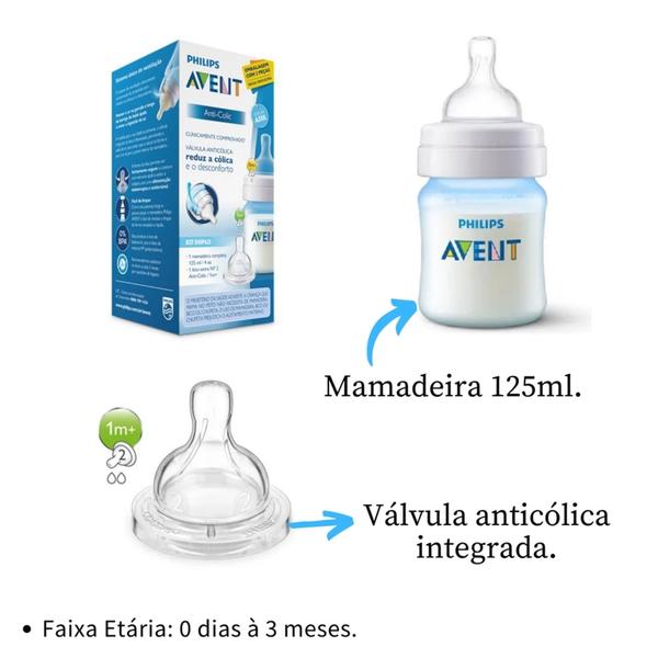 Imagem de Kit Mamadeira Classic Anti-colic  125ml Azul e Bico Extra nº2 - Avent