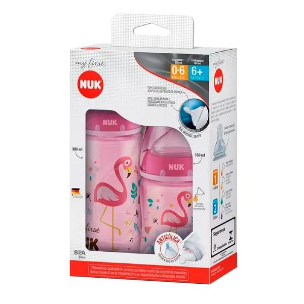 Imagem de Kit Mamadeira Nuk My First Bico de Silicone Ortodôntico Fluxo Médio 150ml e 300ml Girls