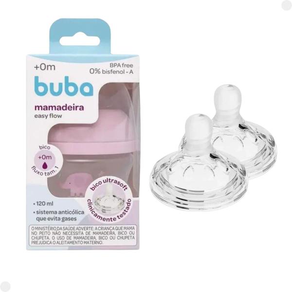 Imagem de Kit Mamadeira Rosa 120ml C/ Bico De Mamadeira Easy Flow Fluxo 2 - Buba