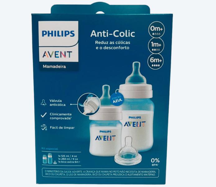 Imagem de Kit Mamadeiras Anti-Colic Azul 125 e 260ml + Bico 4 - Avent