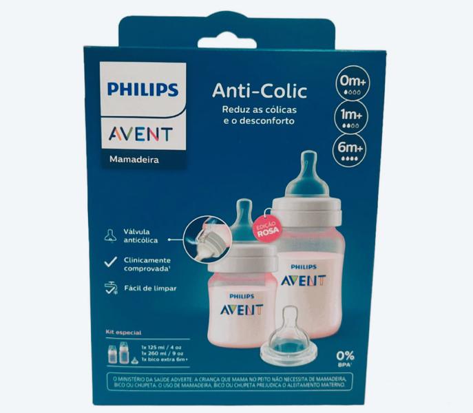 Imagem de Kit Mamadeiras Anti-Colic Rosa 125 e 260ml + Bico 4 - Avent