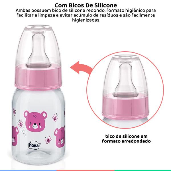 Imagem de Kit Mamadeiras Bebê Silicone 50/120/240mL Fases 0 a +6M Bico Redondo Rosa Ursinho Fiona