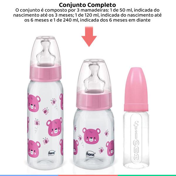 Imagem de Kit Mamadeiras Bebê Silicone 50/120/240mL Fases Orto 0 a +6M Rosa Ursinho Fiona