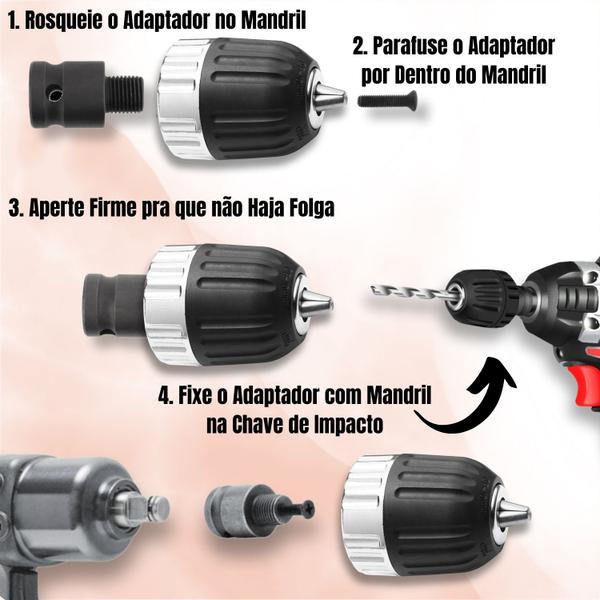 Imagem de Kit Mandril Aperto Rápido 1/2 x 1-10mm (3/8) + Haste Adaptador de Parafusadeira de Impacto Anel de Segurança Universal Reforçado Castanhas Taladro