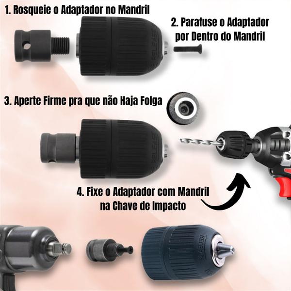 Imagem de Kit Mandril Aperto Rápido 1/2 x 2-13mm Lock + Haste Adaptador de Parafusadeira de Impacto Universal Reforçado Castanhas Taladro