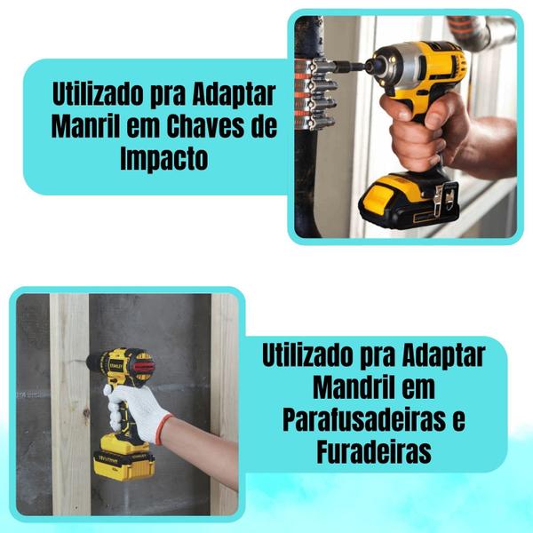 Imagem de Kit Mandril Com Chave 1/2" + Haste Soquete Adaptador Sextavado 1/4 Pol Rosca pra Parafusadeira e Furadeira Broca Profissional