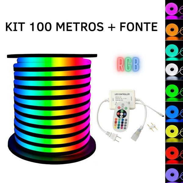 Imagem de KIT Mangueira Fita LED Neon Flex RGB 127V 100 Metros + Fonte