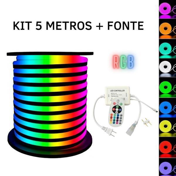 Imagem de KIT Mangueira Fita LED Neon Flex RGB 220V 5 Metros + Fonte