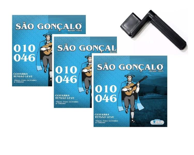 Imagem de Kit manivela + 3 jogos de corda completo encordoamento guitarra são gonçalo tensão leve 010 níquel com bolinha