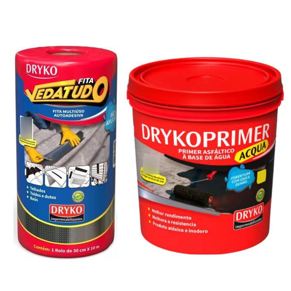 Imagem de Kit Manta Asfáltica Aluminizada 30cm 10m + Primer 1 Litro Dryko - Telhado Laje Baú Fita Térmica Impermeabilizante Telha