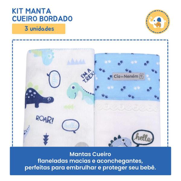 Imagem de Kit Manta Cueiro Bordado Dino Azul 80x80 C/2 Algodão