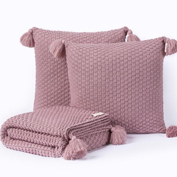 Imagem de Kit Manta Sala Sofa Cama Tricot 180X60 + 2 Capas 40X40 Rose