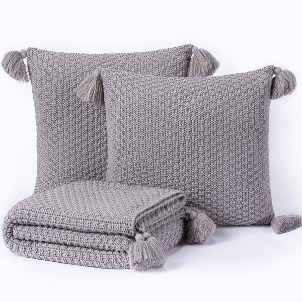 Kit Manta Sofa Sala Cama King 260X60 + 2 Capas 50X30 Cinza - Five Star Malhas Imagem de Kit Manta Sofa Sala Cama King 260X60 + 2 Capas 50X30 Cinza
