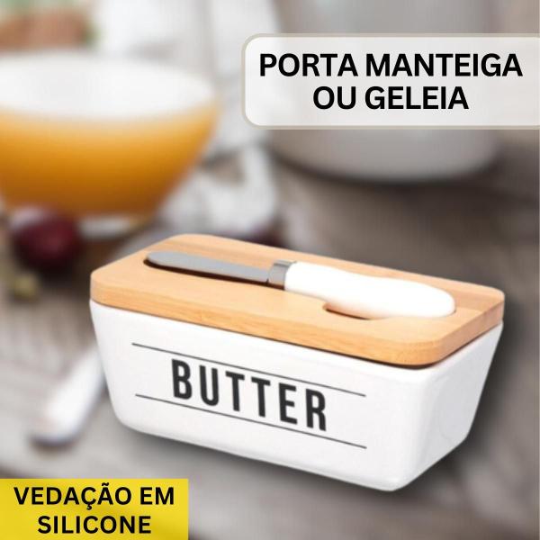 Imagem de Kit Manteigueira Francesa Branca & Saleiro Porcelana Tampa Bambu Com Colher Temperos