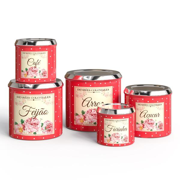 kit mantimento lata para cozinha 5 pecas flores - aluminio Imagem de kit mantimento lata para cozinha 5 pecas flores