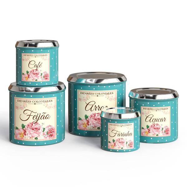 kit mantimento lata para cozinha 5 pecas flores - aluminio Imagem de kit mantimento lata para cozinha 5 pecas flores