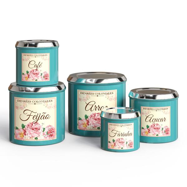 kit mantimento lata para cozinha 5 pecas flores - aluminio Imagem de kit mantimento lata para cozinha 5 pecas flores