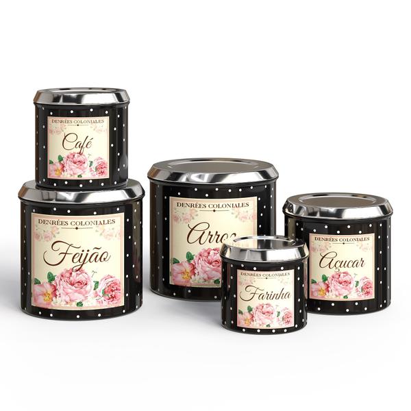 kit mantimento lata para cozinha 5 pecas flores - aluminio Imagem de kit mantimento lata para cozinha 5 pecas flores