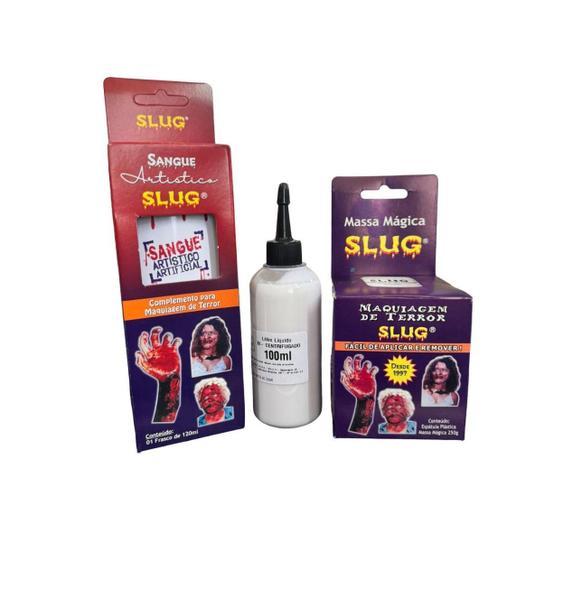 Imagem de Kit Maquiagem Terror Slug Massa 200 Gr + Sangue+ Látex 100Ml