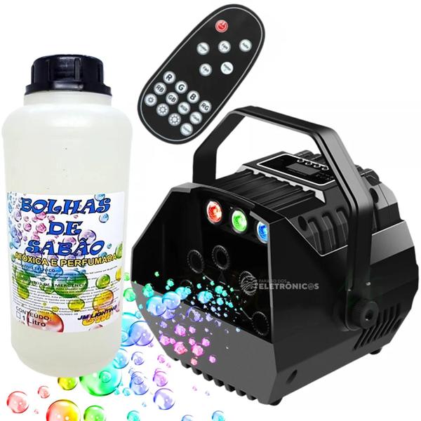 Imagem de Kit Máquina Bolha De Sabão RGB E Controle Remoto P/ Festa Bivolt Com 1 Liquido Fluido 1948816 JMB1L