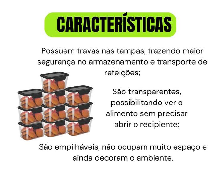 Imagem de  Kit Marmitas Fitness Potes Vasilha Plásticas Com Tampa Travas P/ Microondas Freezer 500 Ml 10 Peças