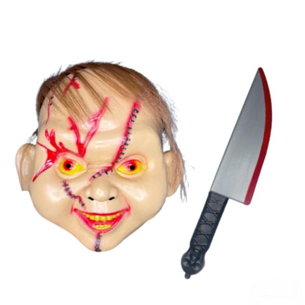 Imagem de Kit Máscara Chucky C/ Faca Cabelo Artificial Halloween Fantasia Cosplay