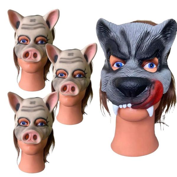 Imagem de Kit Máscaras Três Porquinhos e Lobo Mau Fantasia Festas