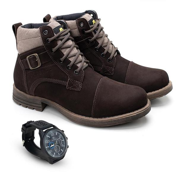 Kit Masculino Casual Coturno Couro + Relógio Analógico - Bell Boots Imagem de Kit Masculino Casual Coturno Couro + Relógio Analógico