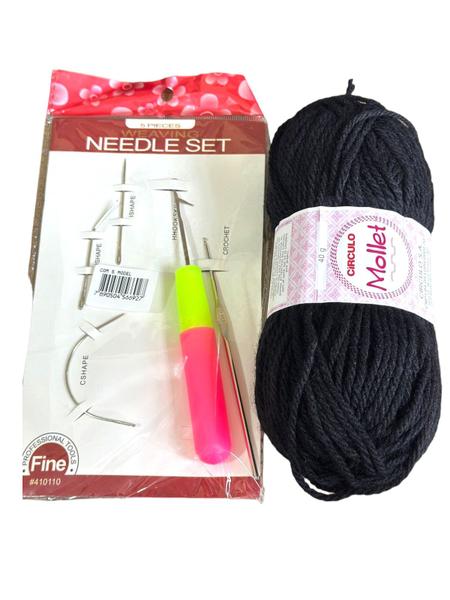 Kit material curso de trança Lã mollet Preto + agulhas - Blook Imagem de Kit material curso de trança Lã mollet Preto + agulhas